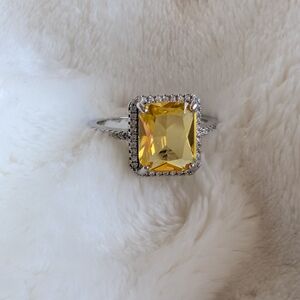 925 Sterling Silver Emerald Cut Citrine Ring Halo Setting Size 9.25
